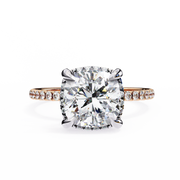 Cushion Cut Moissanite Engagement Ring with Hidden Halo | Rose Gold Solitaire | Ethical & Affordable Luxury Pave Band