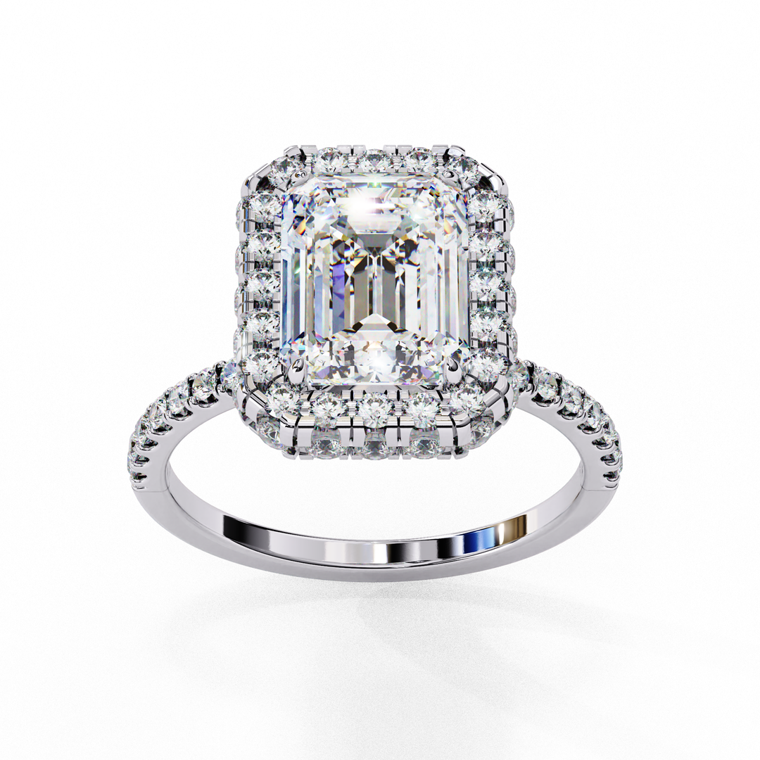 Emerald Cut Lab Grown Diamond Engagement Ring with Pave Halo