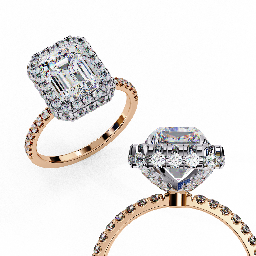 Emerald Cut Lab Grown Diamond Engagement Ring with Pave Halo