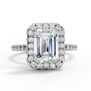 emerald cut lab grown diamond halo engagement ring