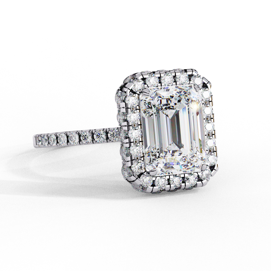 Emerald Cut Lab Grown Diamond Engagement Ring with Pave Halo
