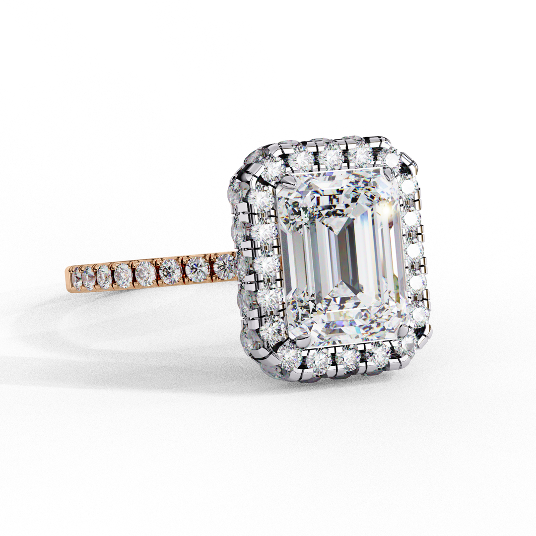 Emerald Cut Lab Grown Diamond Engagement Ring with Pave Halo