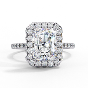 radiant cut lab grown diamond engagement ring with pave halo