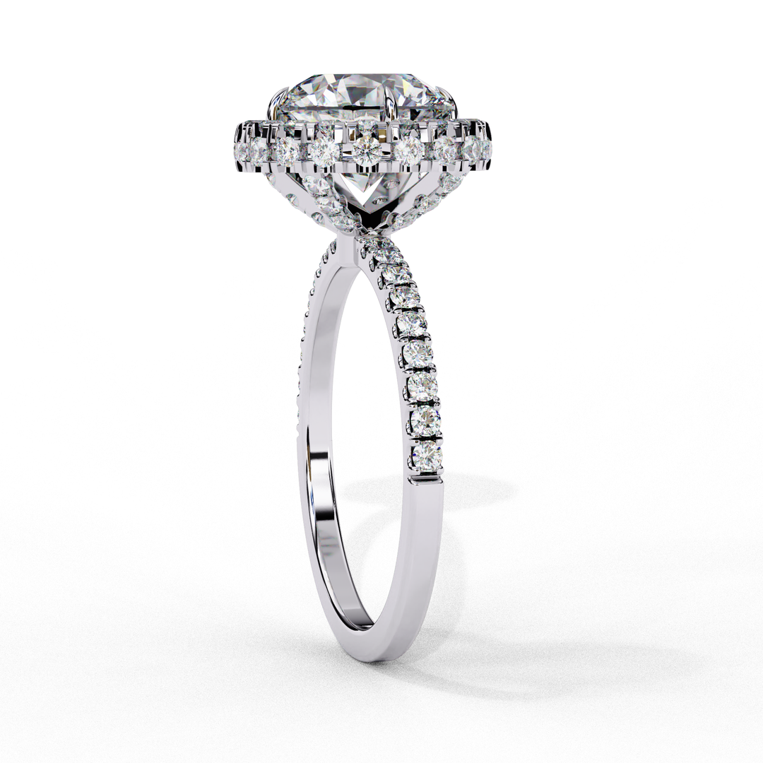 Round Cut Lab Grown Diamond Engagement Ring With Pave Halo