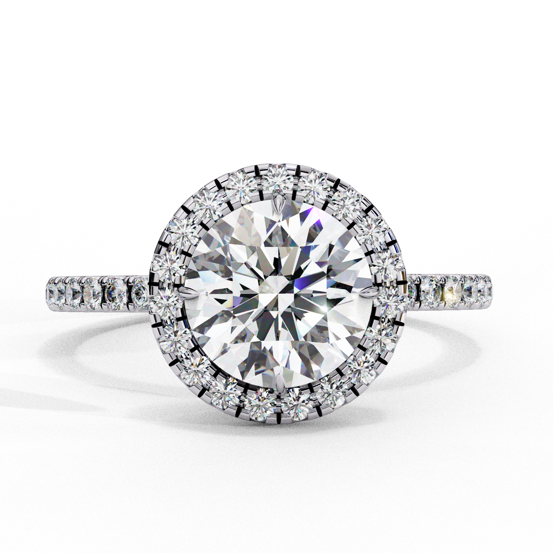 Round Cut Lab Grown Diamond Engagement Ring With Pave Halo
