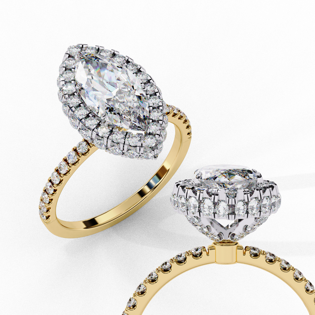 Marquise Cut Moissanite Engagement Ring With Pave Halo