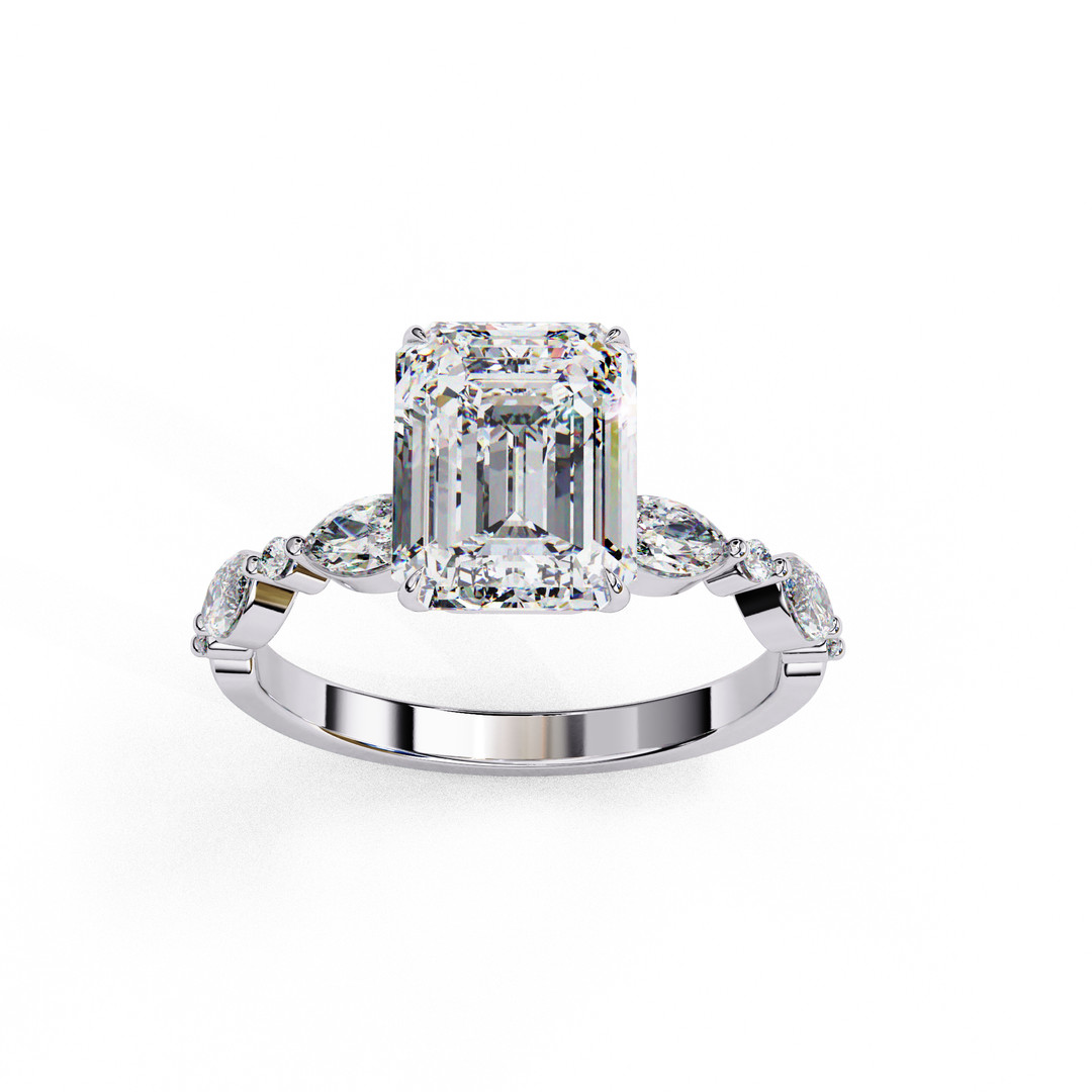 Emerald Cut Lab Grown Diamond Engagement Ring | Marquise & Round Accents