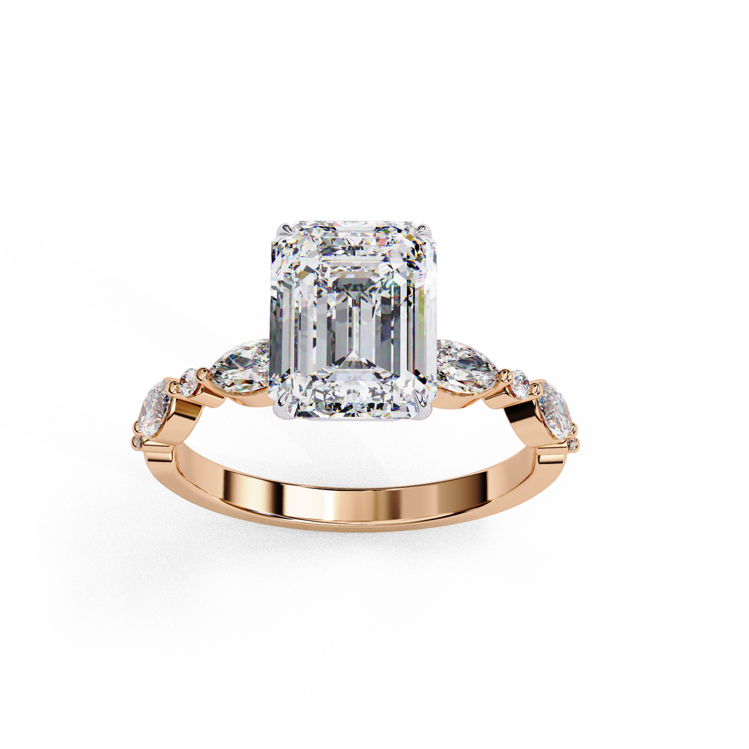 Emerald Cut Lab Grown Diamond Engagement Ring | Marquise & Round Accents