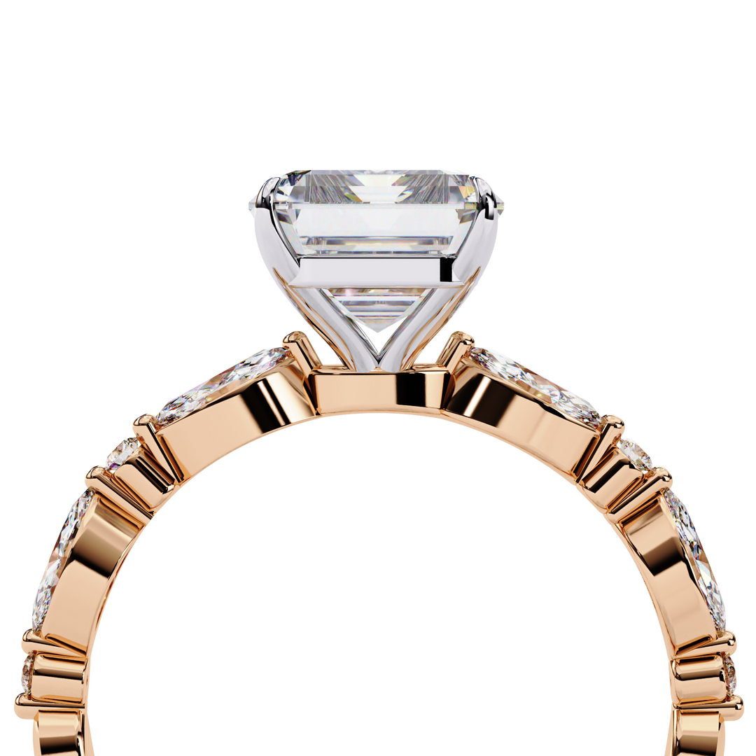 Emerald Cut Lab Grown Diamond Engagement Ring | Marquise & Round Accents