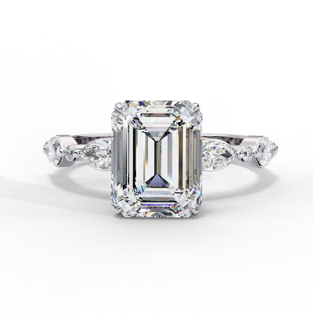 Emerald Cut Lab Grown Diamond Engagement Ring | Marquise & Round Accents