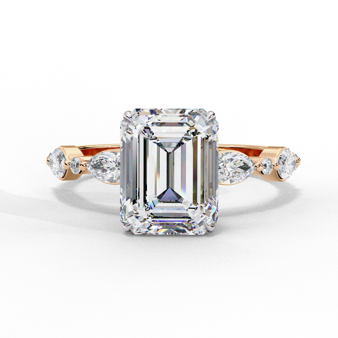 Emerald Cut Lab Grown Diamond Engagement Ring | Marquise & Round Accents