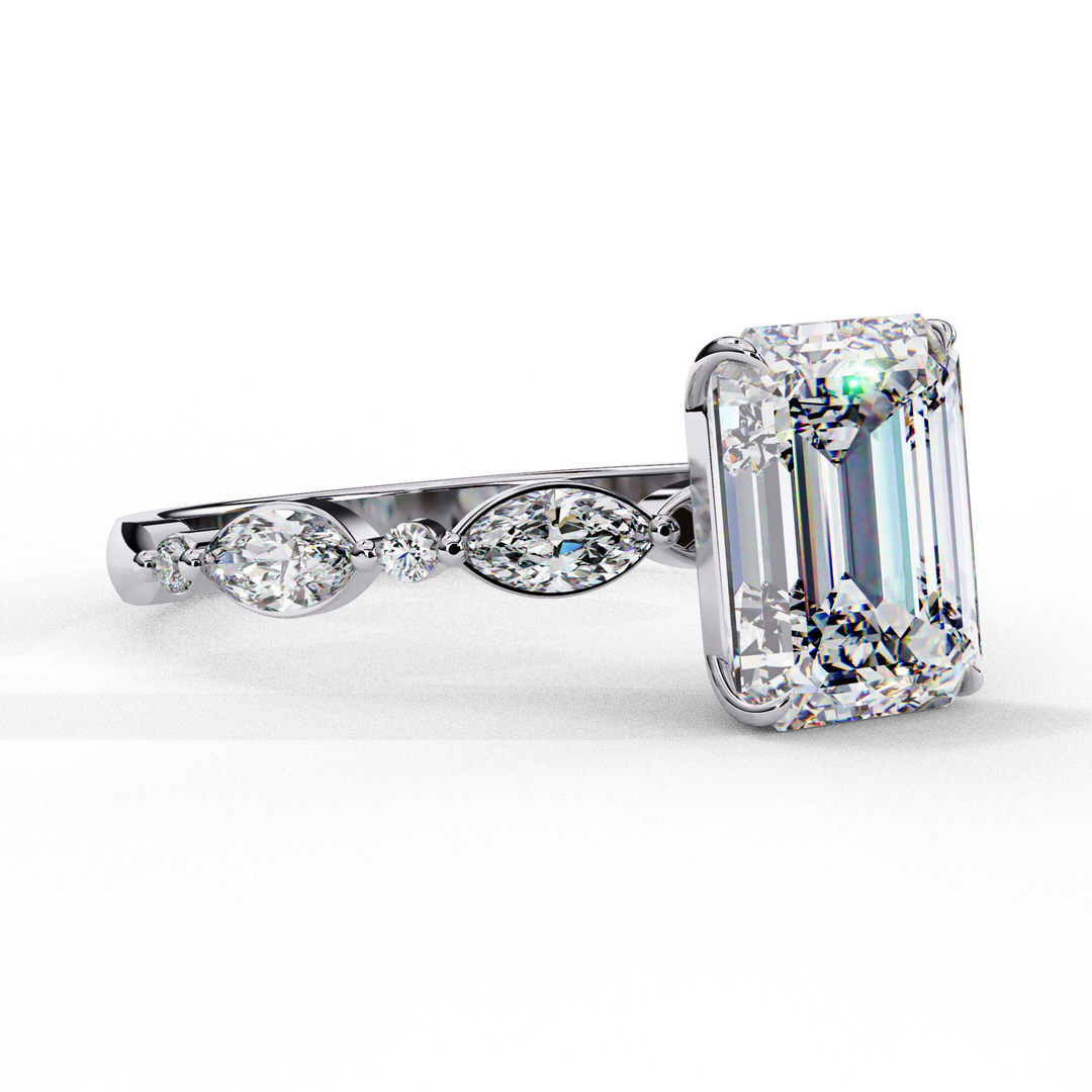 Emerald Cut Lab Grown Diamond Engagement Ring | Marquise & Round Accents
