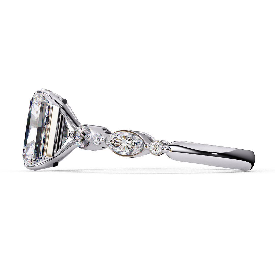 Emerald Cut Lab Grown Diamond Engagement Ring | Marquise & Round Accents