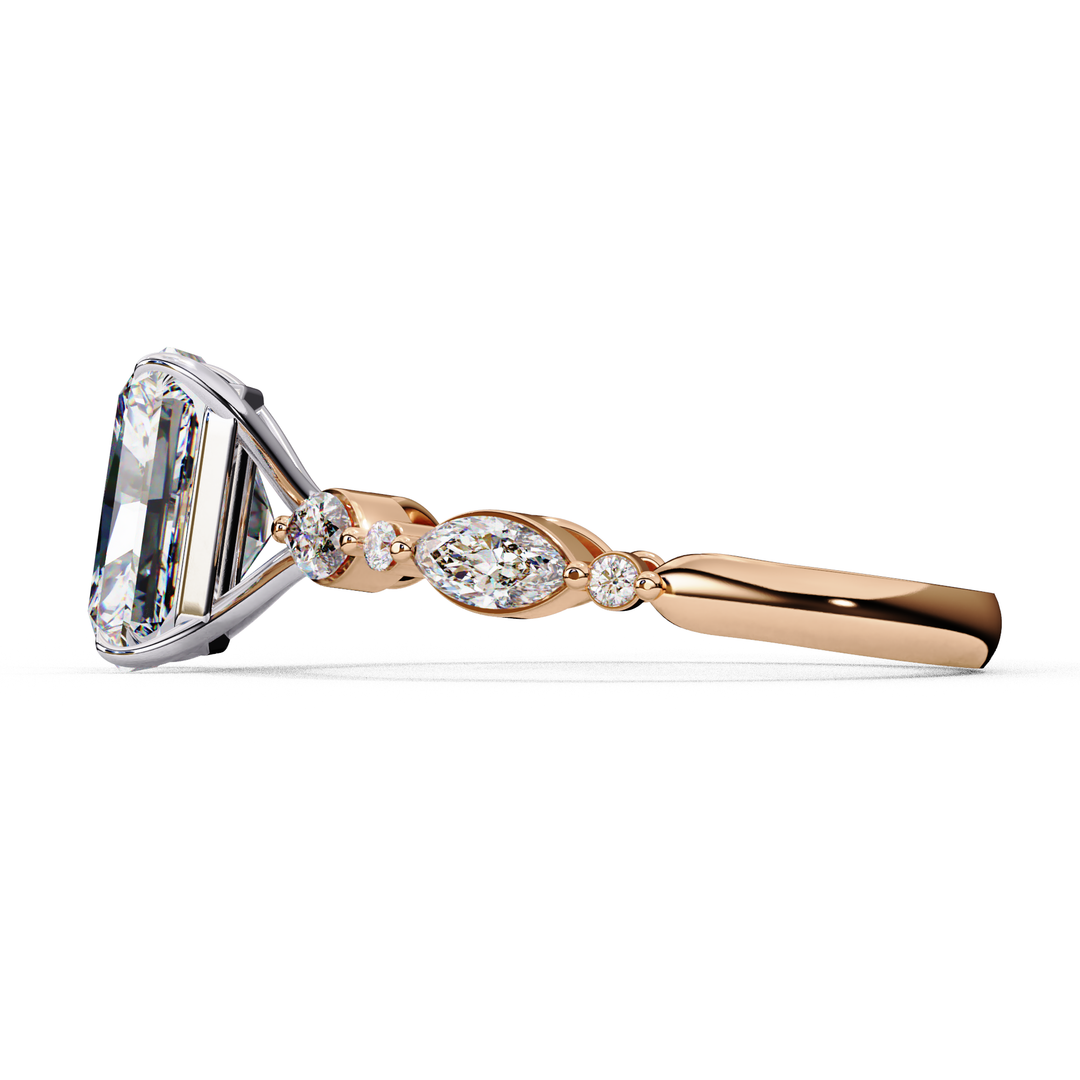 Emerald Cut Lab Grown Diamond Engagement Ring | Marquise & Round Accents