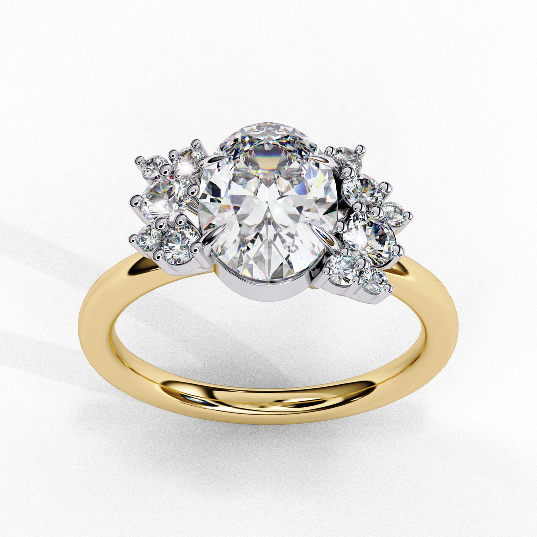 Oval Cut Lab Grown Diamond Engagement Ring with Cluster Side Stones