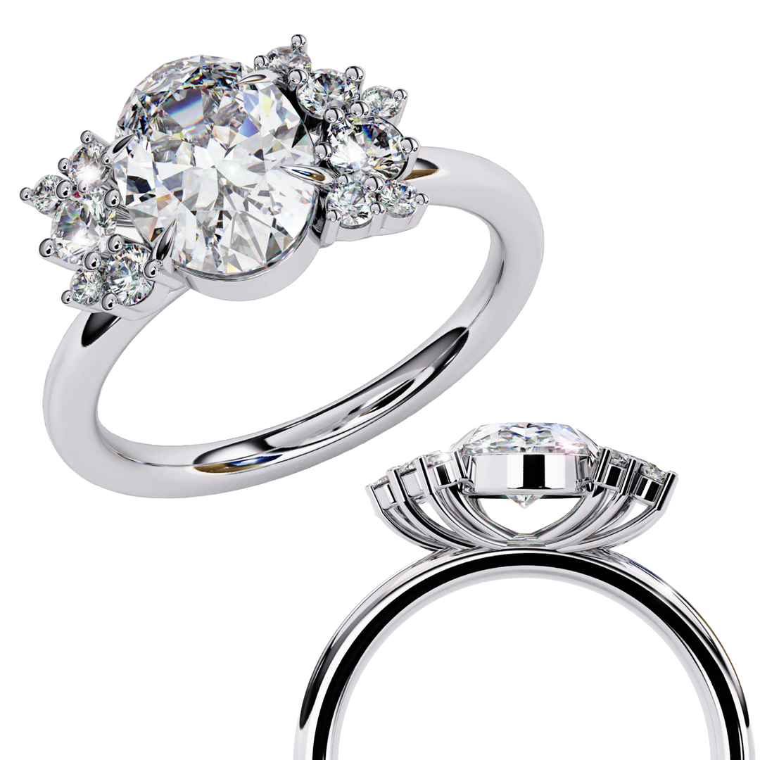 Oval Cut Lab Grown Diamond Engagement Ring with Cluster Side Stones