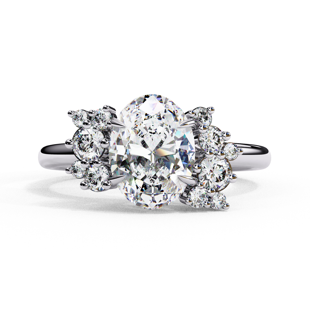 Oval Cut Lab Grown Diamond Engagement Ring with Cluster Side Stones
