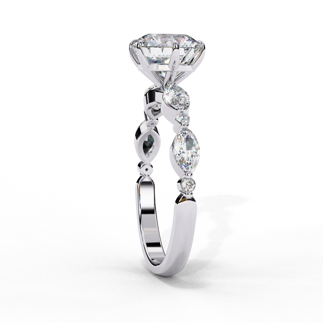 Round Cut Moissanite Engagement Ring | Marquise & Round Accents