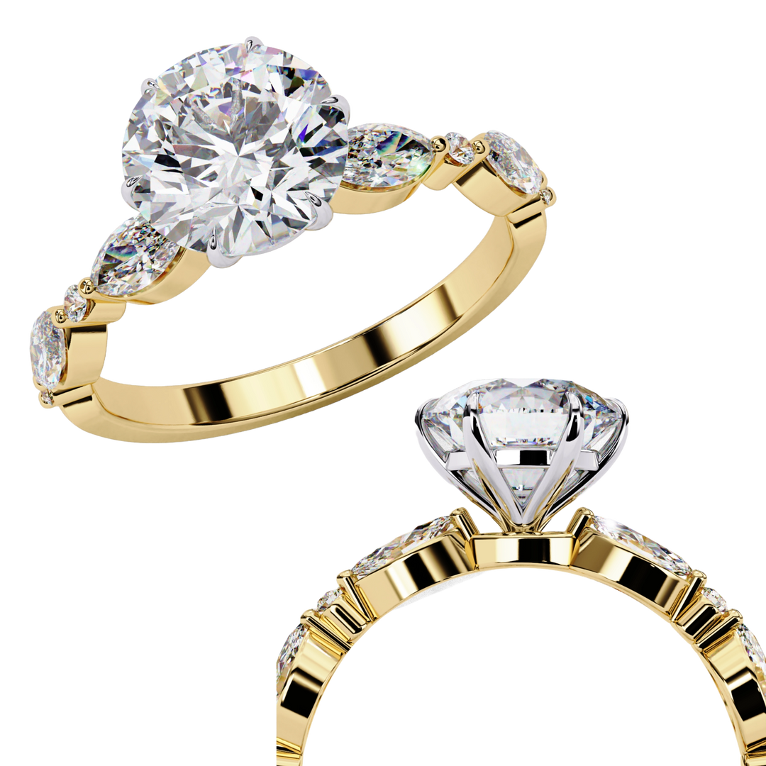 Round Cut Moissanite Engagement Ring | Marquise & Round Accents