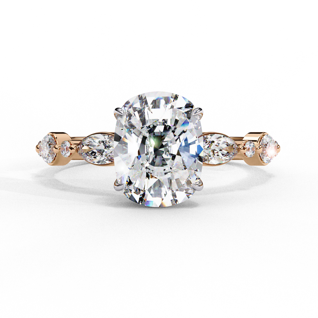Elongated Cushion Cut Lab Grown Diamond Engagement Ring | Marquise & Round Accents