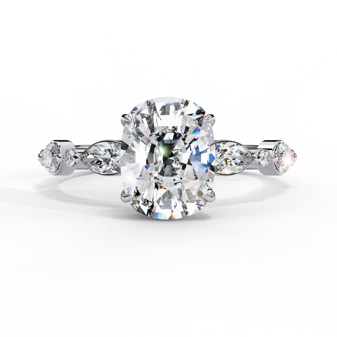 Elongated Cushion Cut Lab Grown Diamond Engagement Ring | Marquise & Round Accents
