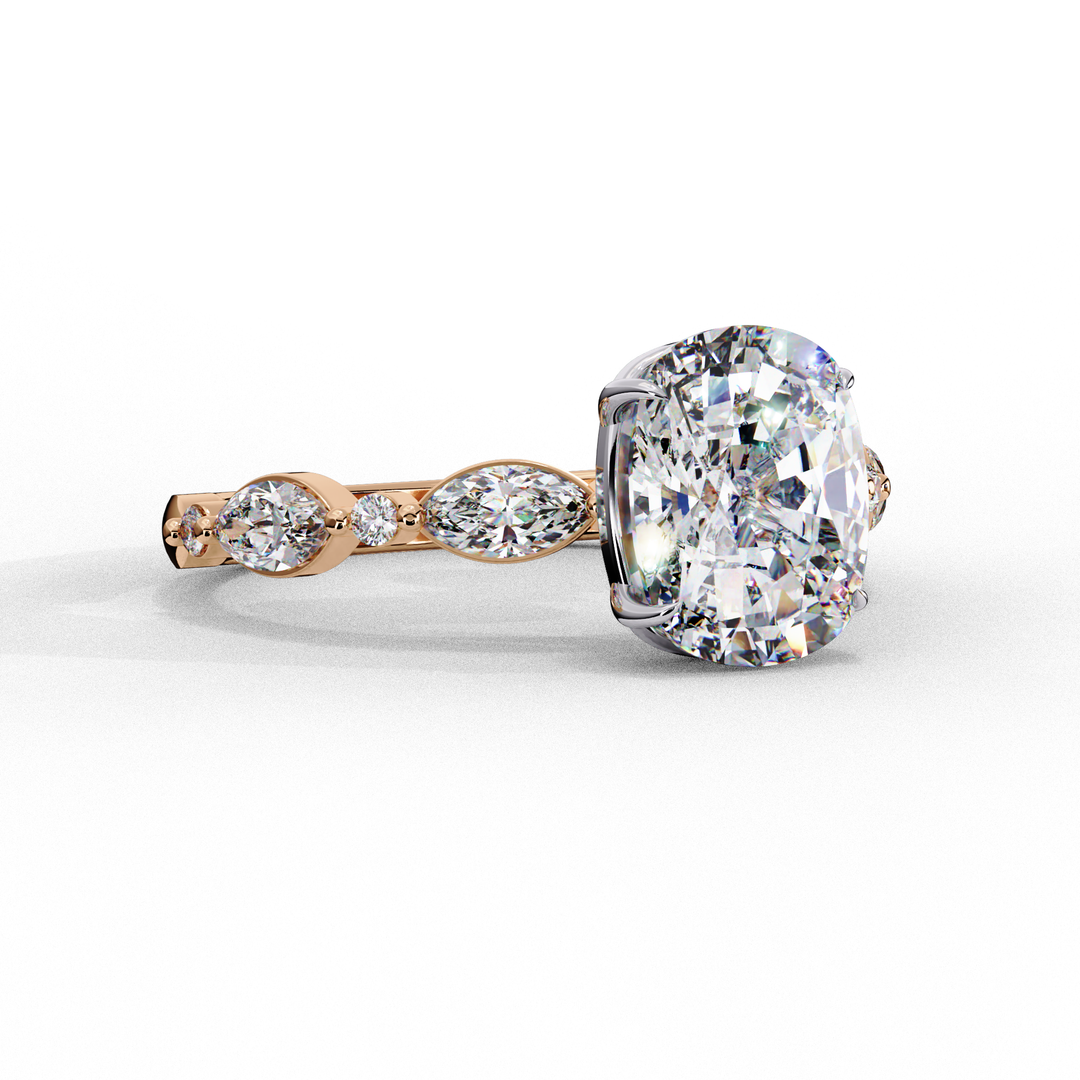 Elongated Cushion Cut Lab Grown Diamond Engagement Ring | Marquise & Round Accents