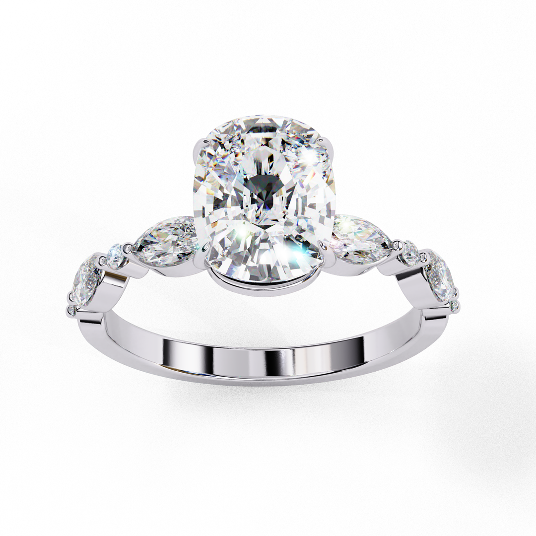 Elongated Cushion Cut Lab Grown Diamond Engagement Ring | Marquise & Round Accents