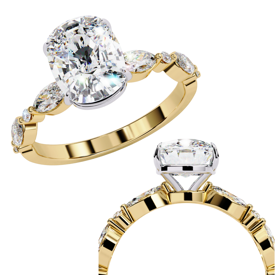 Elongated Cushion Cut Lab Grown Diamond Engagement Ring | Marquise & Round Accents