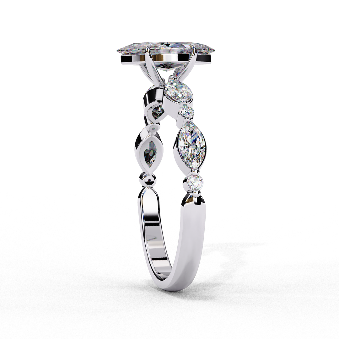 Marquise Cut Moissanite Engagement Ring | Marquise & Round Accents