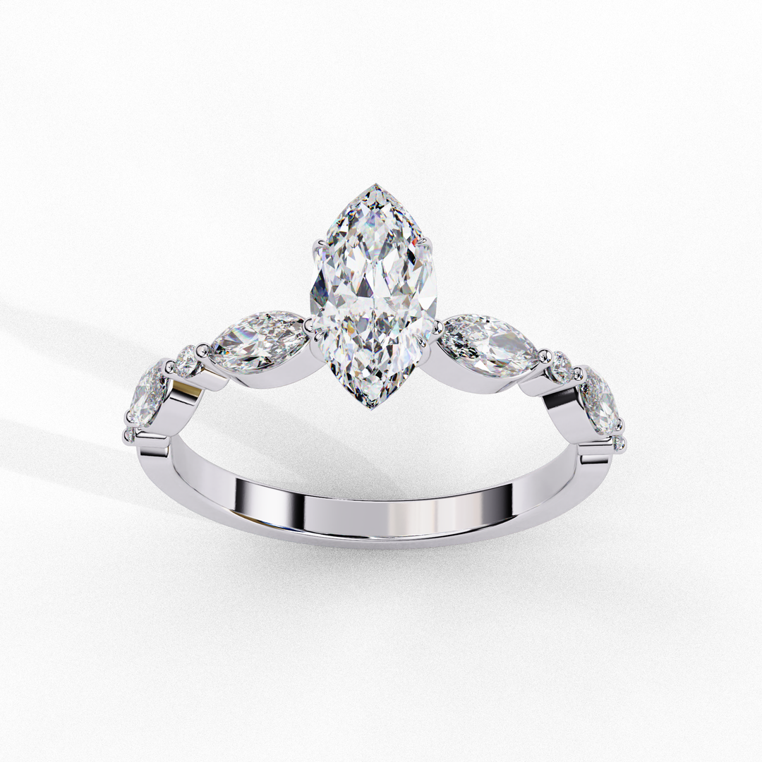 Marquise Cut Moissanite Engagement Ring | Marquise & Round Accents