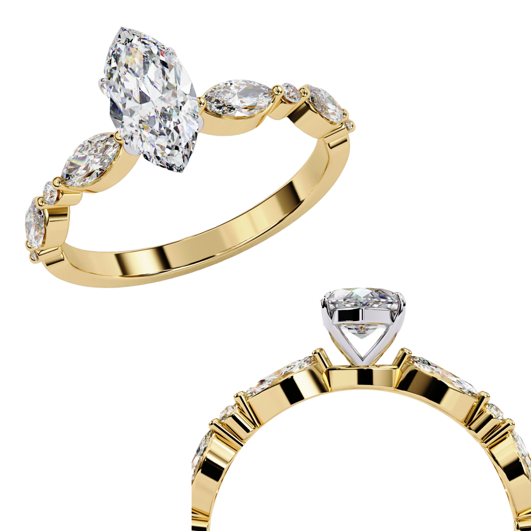 Marquise Cut Moissanite Engagement Ring | Marquise & Round Accents