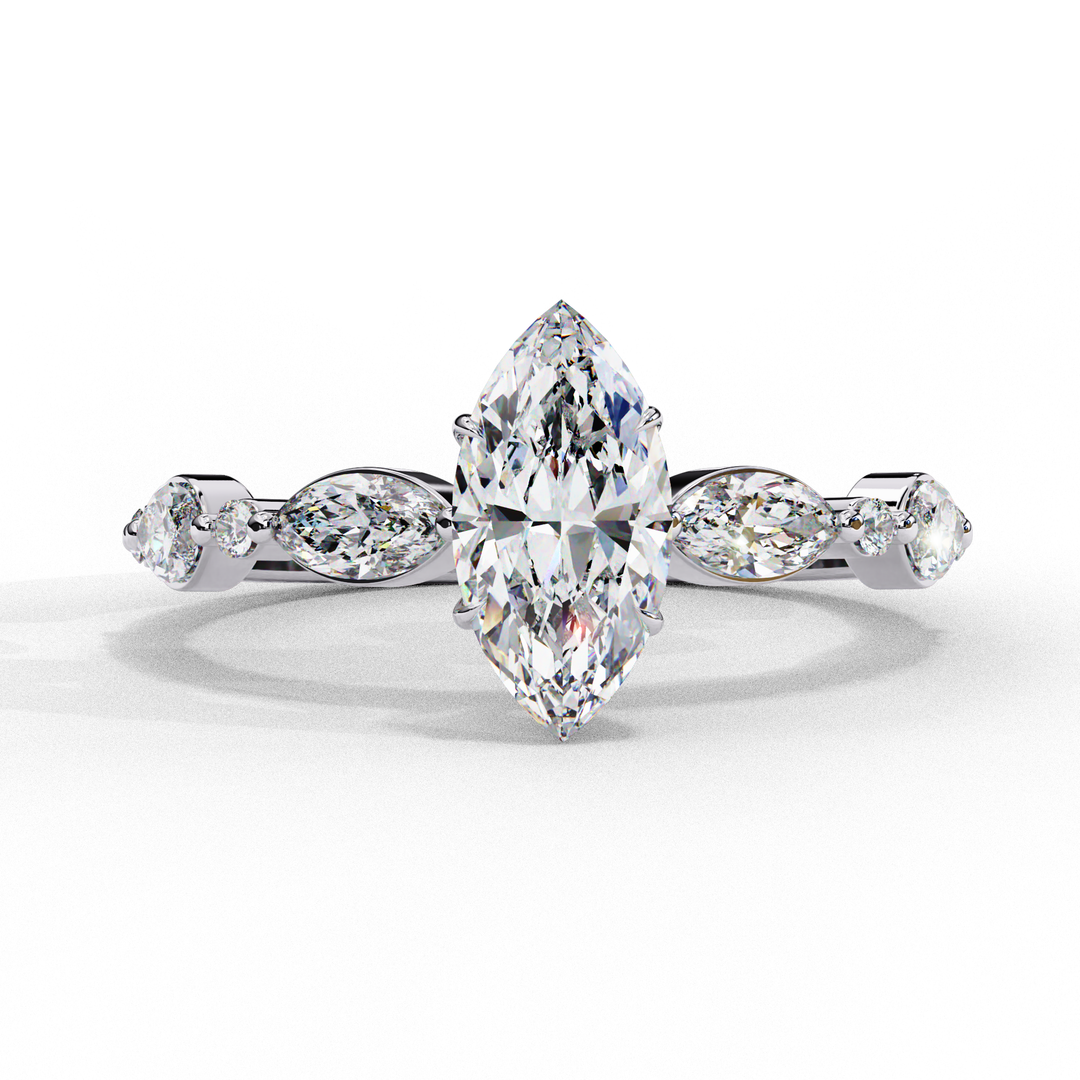 Marquise Cut Moissanite Engagement Ring | Marquise & Round Accents