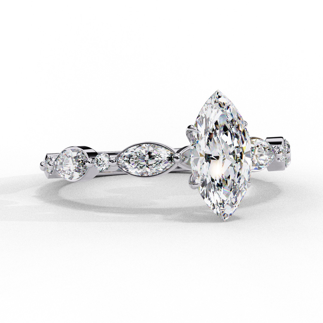 Marquise Cut Moissanite Engagement Ring | Marquise & Round Accents