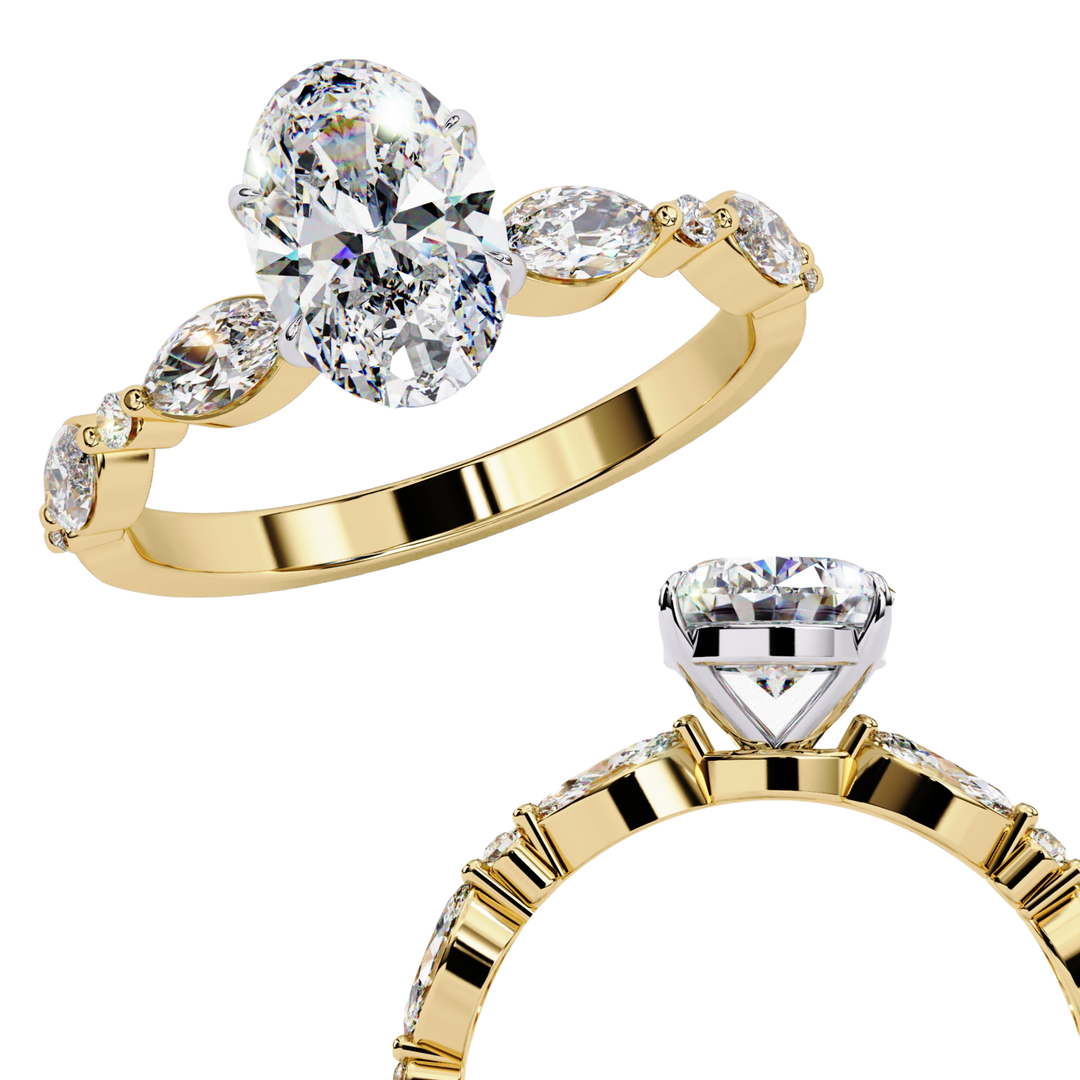 Oval Cut Lab Grown Diamond Engagement Ring | Marquise & Round Accents
