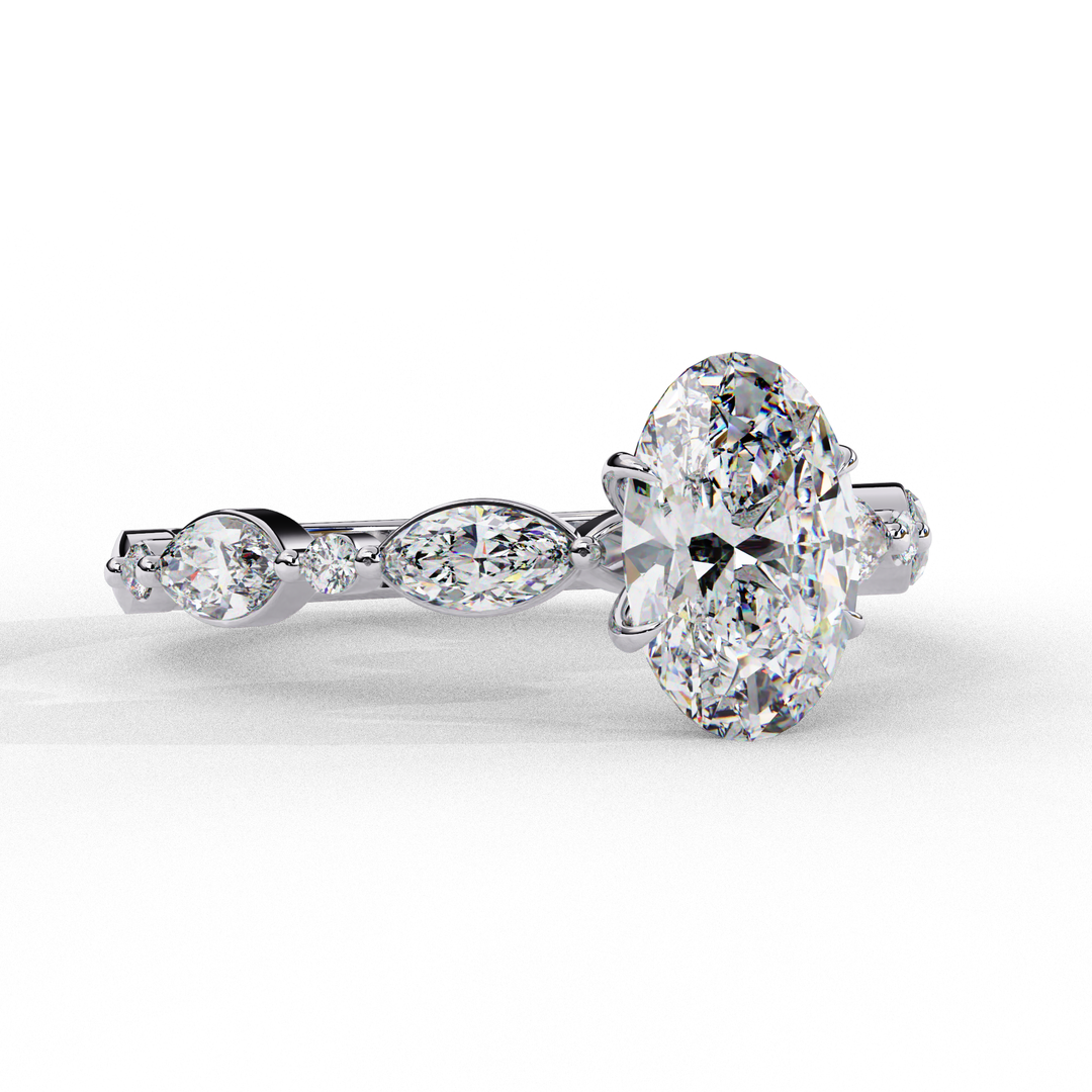 Oval Cut Lab Grown Diamond Engagement Ring | Marquise & Round Accents