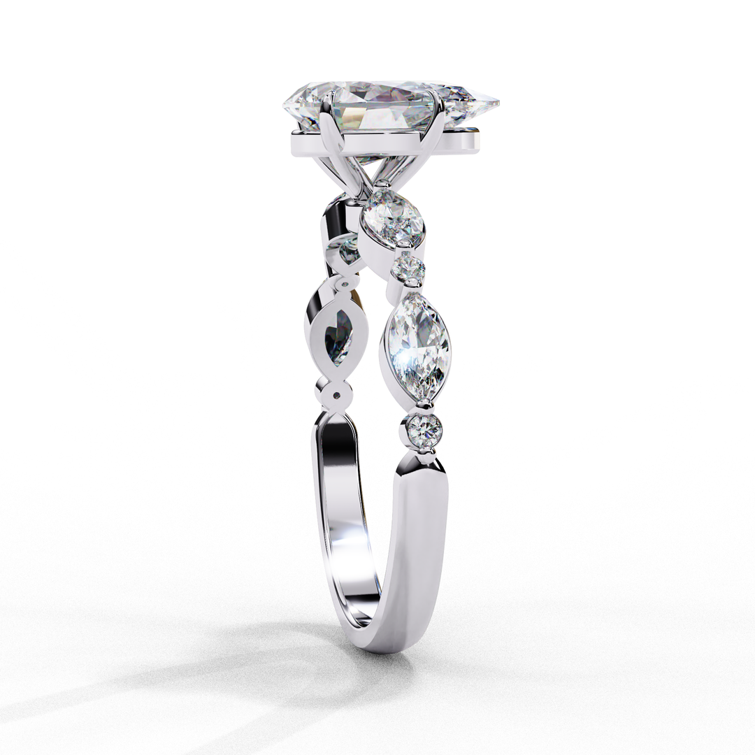Pear Cut Lab Grown Diamond Engagement Ring | Marquise & Round Accents