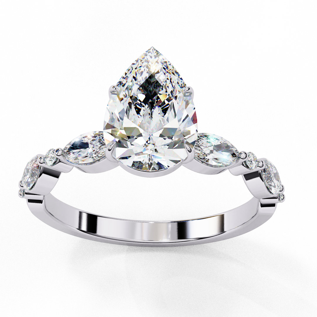 Pear Cut Lab Grown Diamond Engagement Ring | Marquise & Round Accents