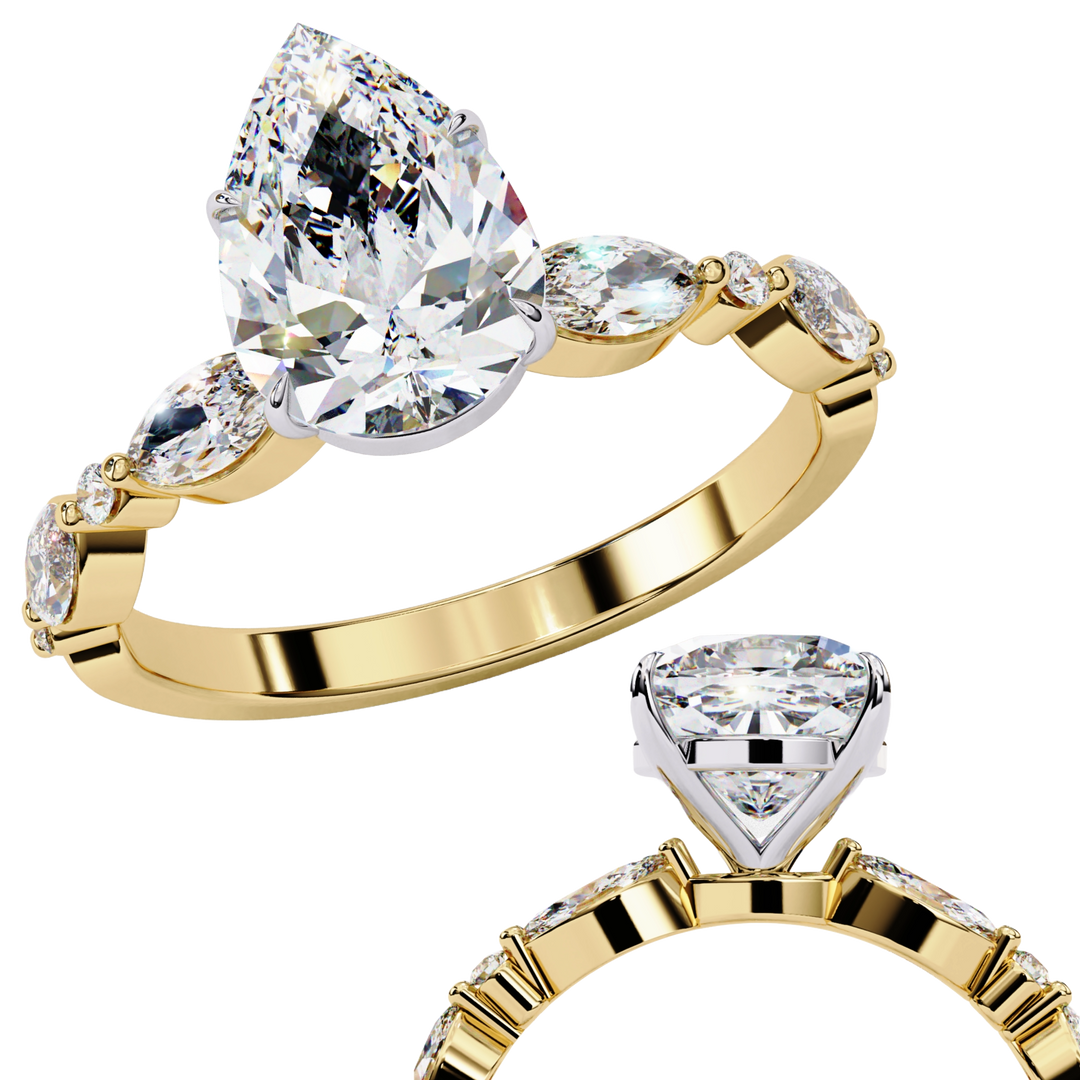 Pear Cut Lab Grown Diamond Engagement Ring | Marquise & Round Accents