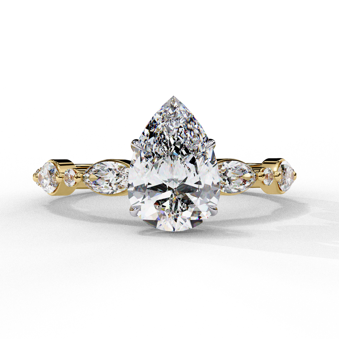 Pear Cut Lab Grown Diamond Engagement Ring | Marquise & Round Accents