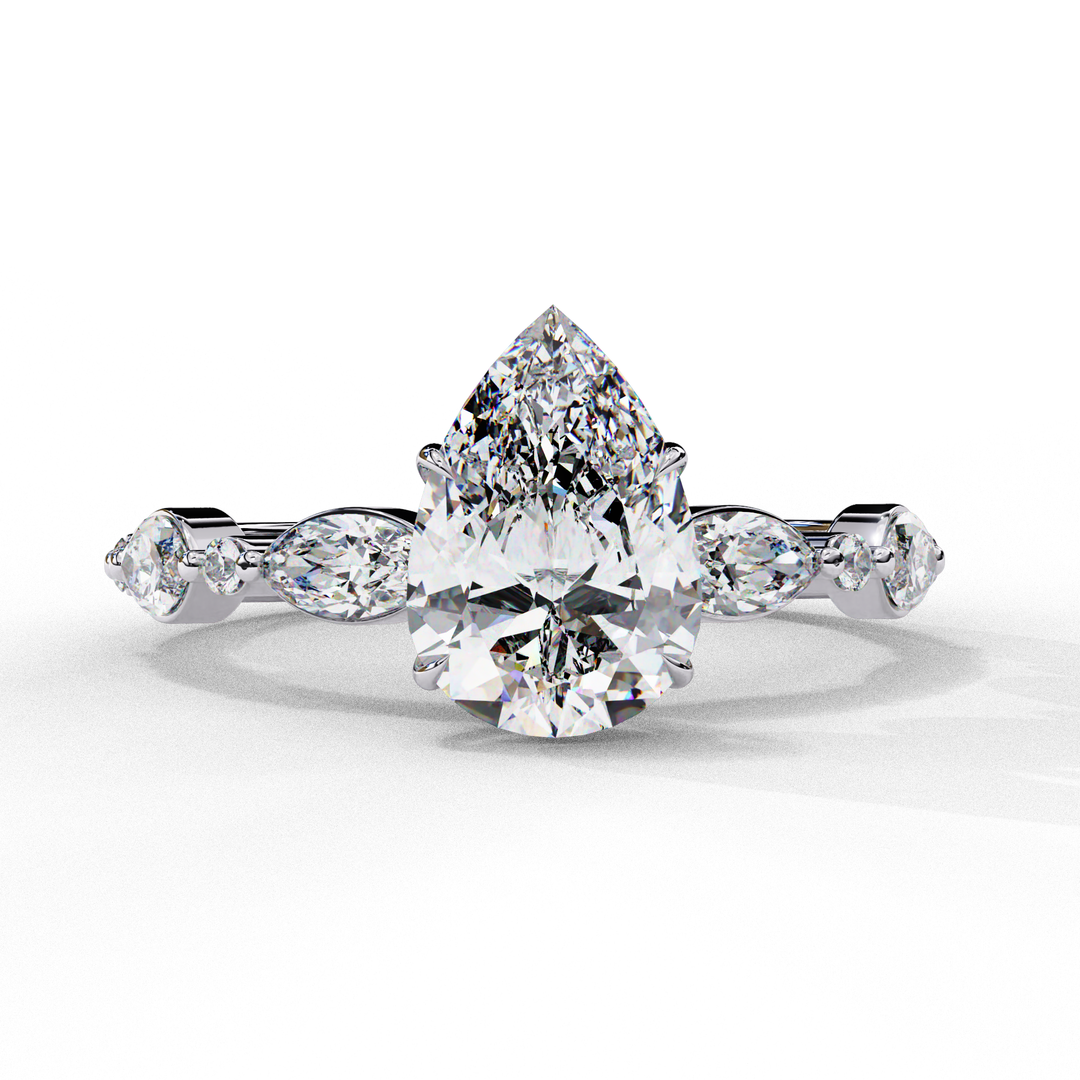 Pear Cut Lab Grown Diamond Engagement Ring | Marquise & Round Accents