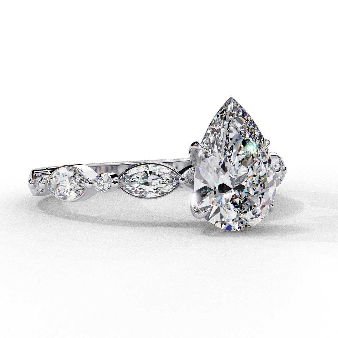 Pear Cut Lab Grown Diamond Engagement Ring | Marquise & Round Accents
