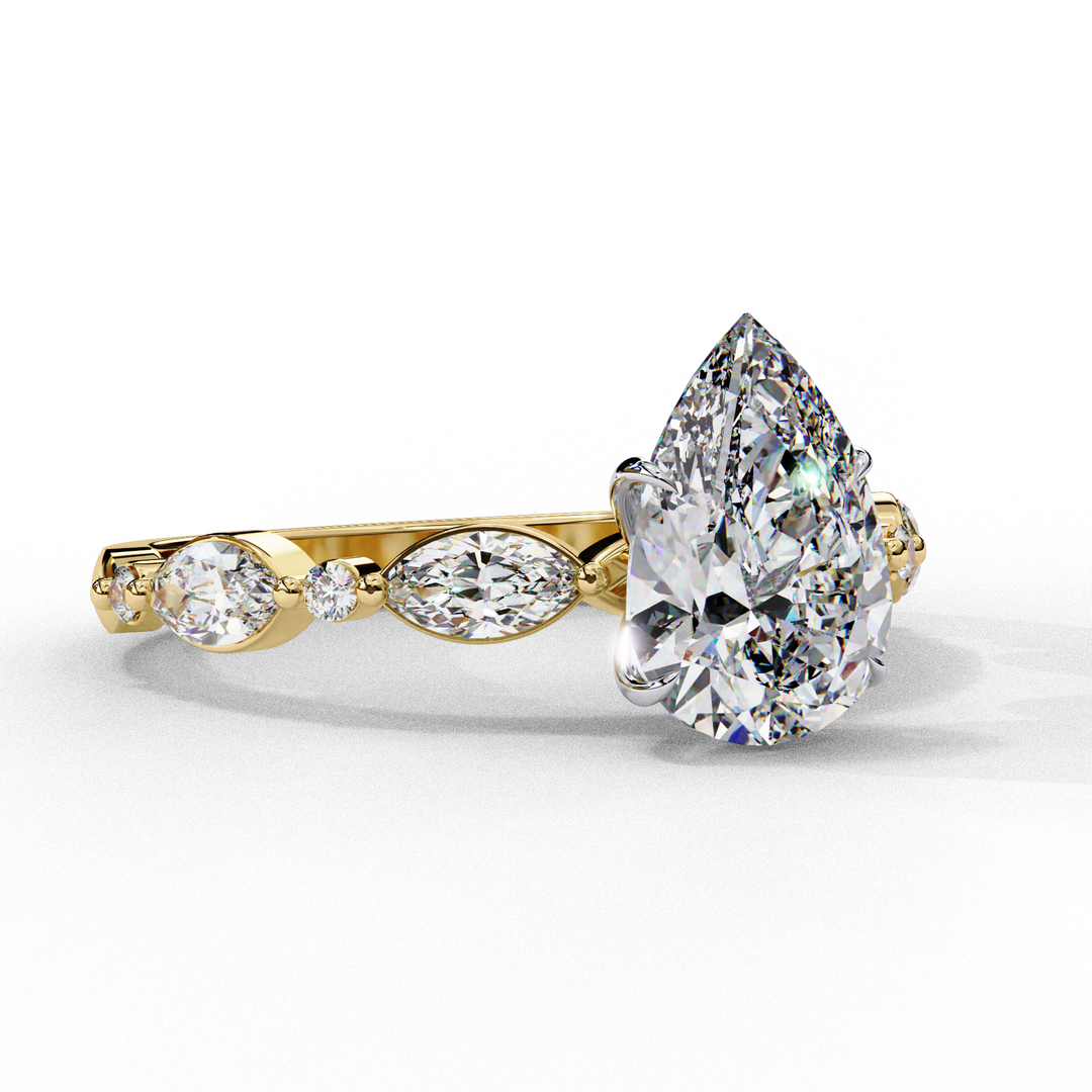 Pear Cut Lab Grown Diamond Engagement Ring | Marquise & Round Accents