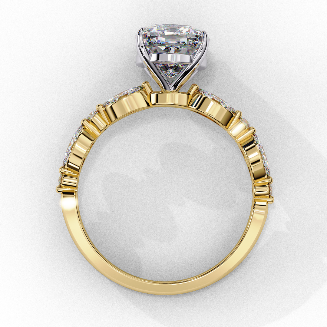 Cushion Cut Lab Grown Diamond Engagement Ring | Marquise & Round Accents