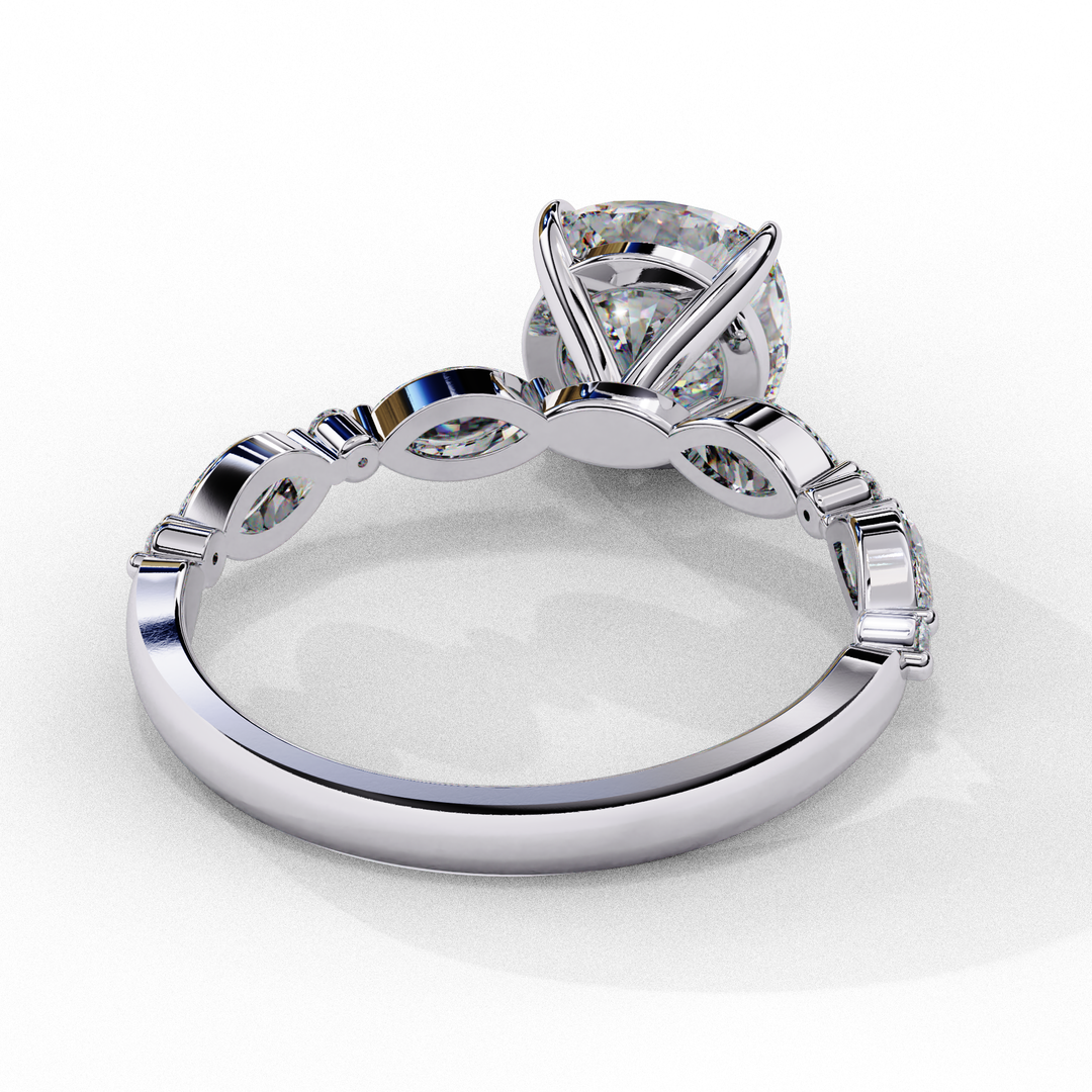Cushion Cut Lab Grown Diamond Engagement Ring | Marquise & Round Accents