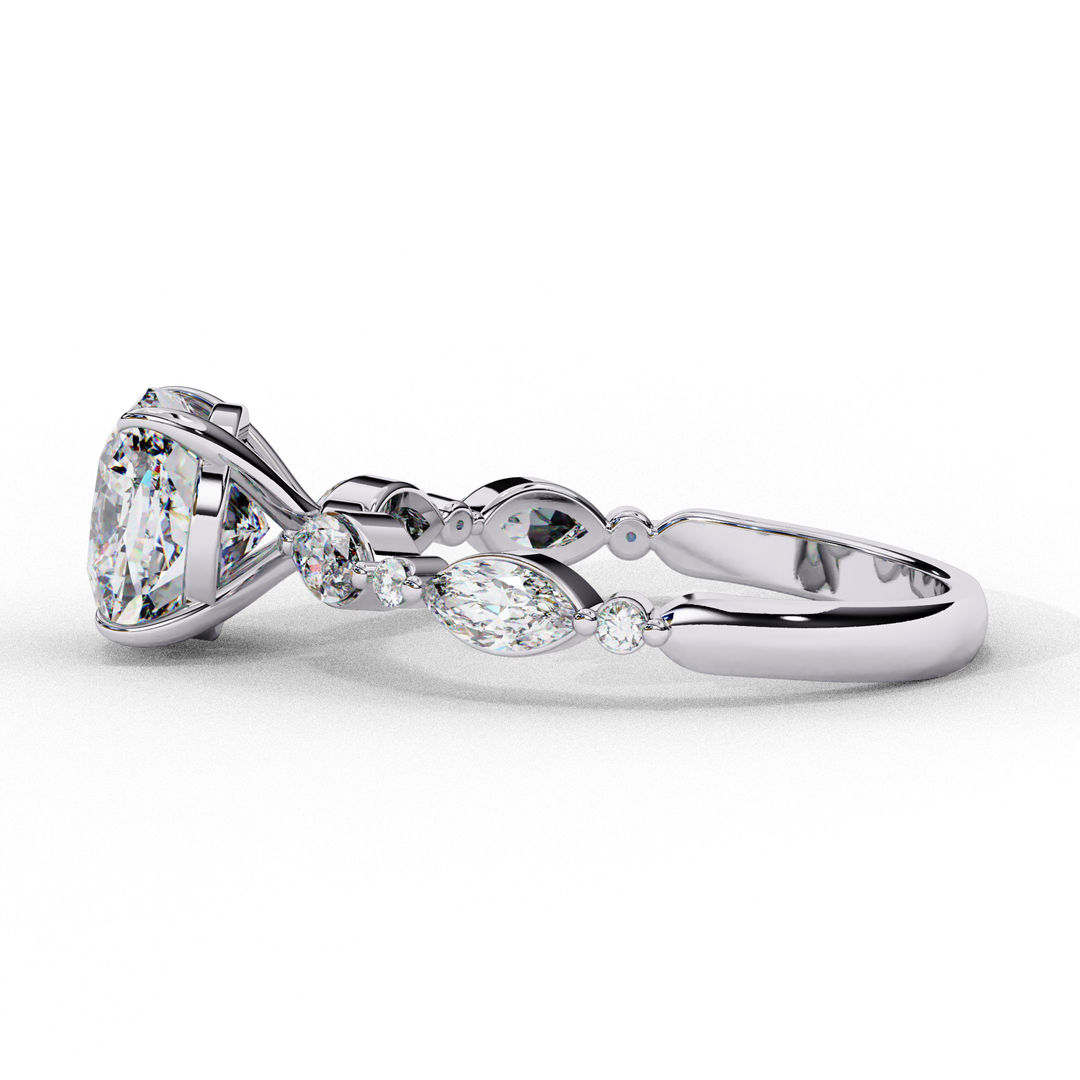 Cushion Cut Lab Grown Diamond Engagement Ring | Marquise & Round Accents
