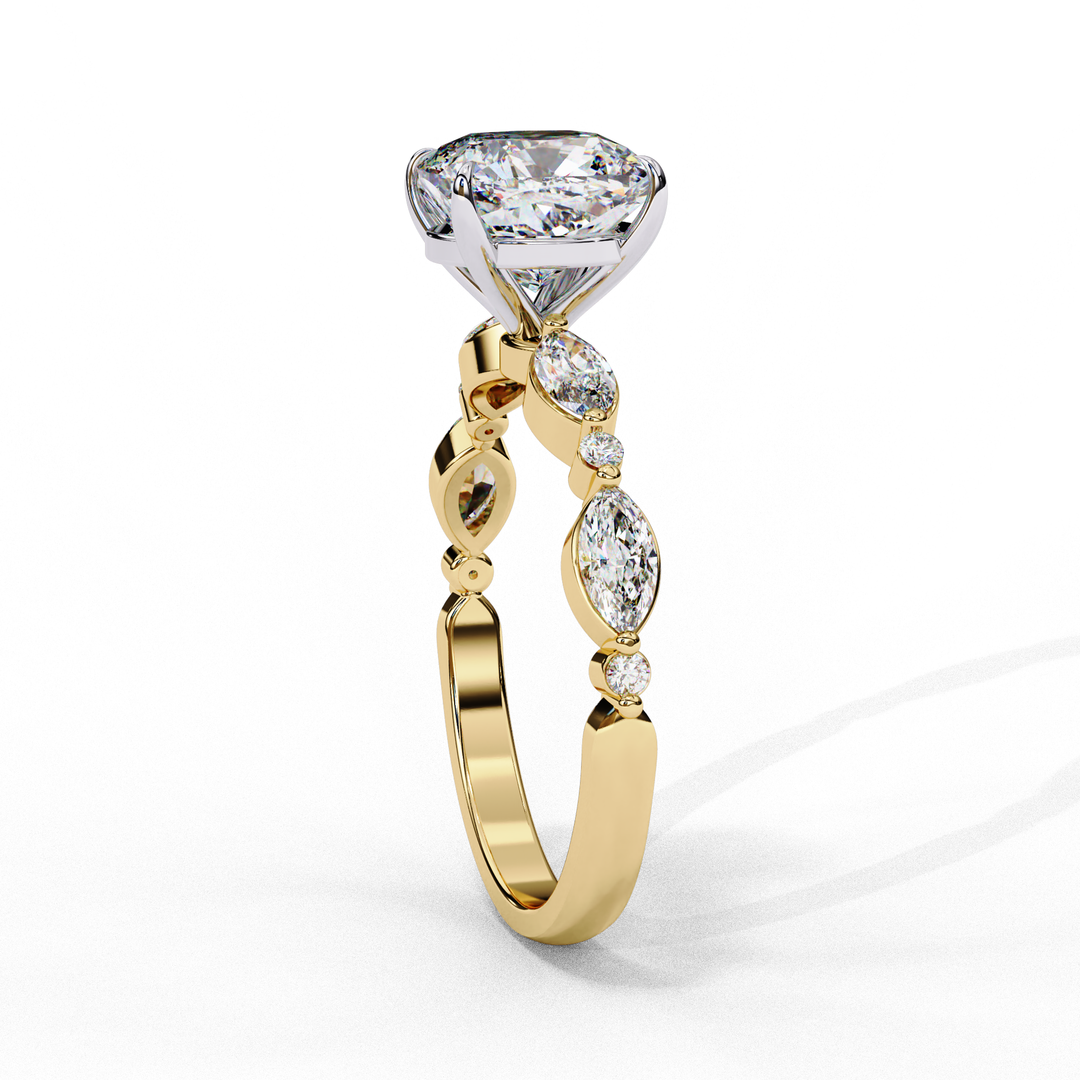 Cushion Cut Lab Grown Diamond Engagement Ring | Marquise & Round Accents