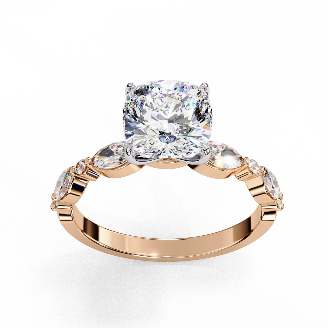 Cushion Cut Lab Grown Diamond Engagement Ring | Marquise & Round Accents