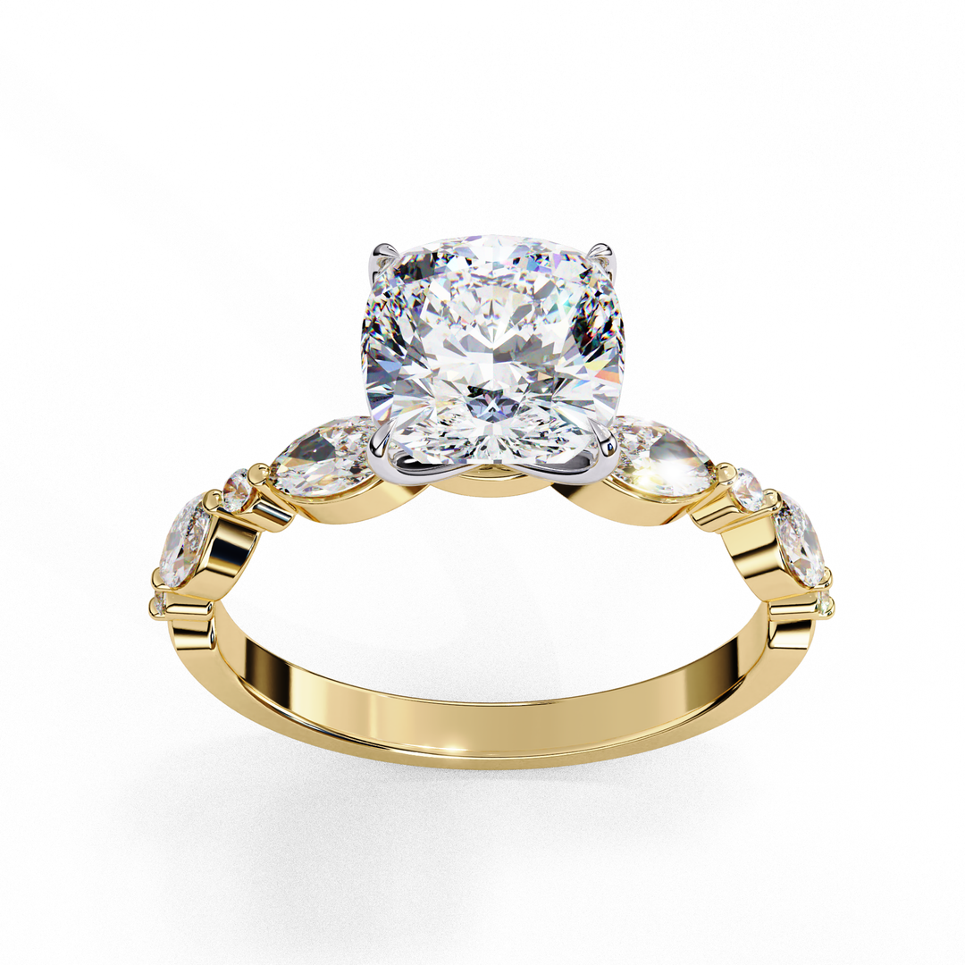 Cushion Cut Lab Grown Diamond Engagement Ring | Marquise & Round Accents