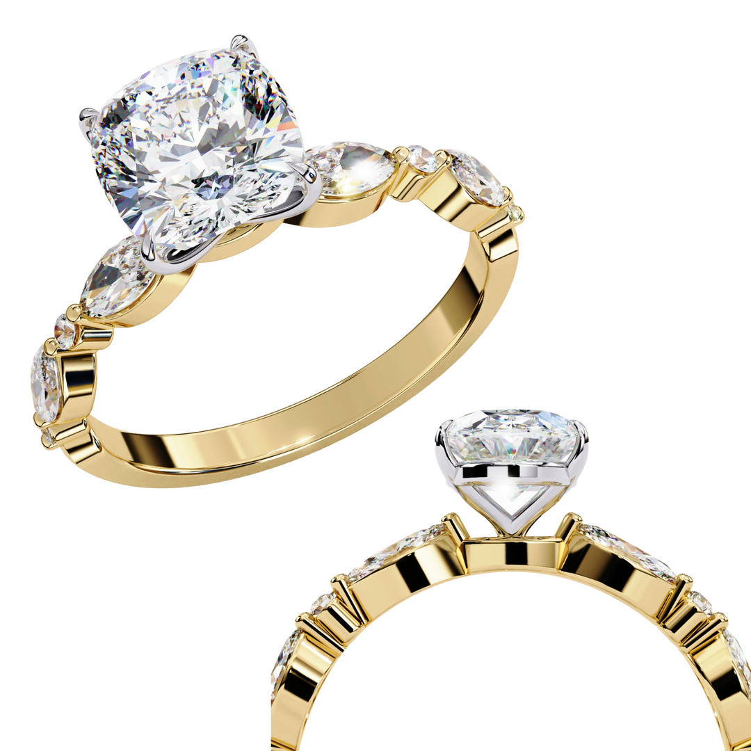 Cushion Cut Lab Grown Diamond Engagement Ring | Marquise & Round Accents