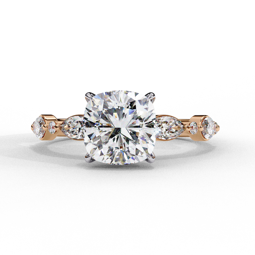 Cushion Cut Lab Grown Diamond Engagement Ring | Marquise & Round Accents